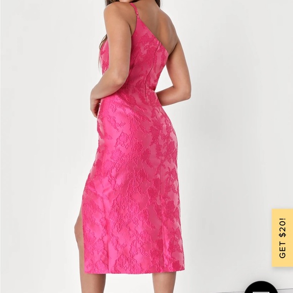 Lulu’s New with Tags, hot pink jacquard midi dress, one shoulder, size XL - Picture 4 of 9